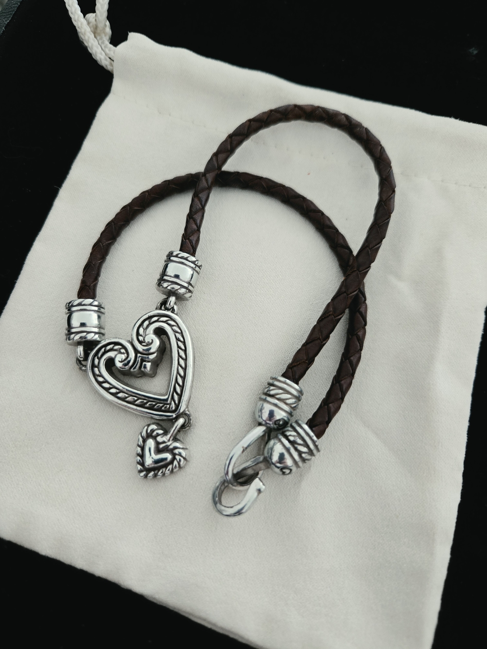 Retired Brighton Braided Brown Leather Heart Toggle Bracelet - BRIGHTON